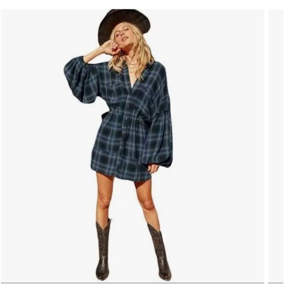 Free People Blue Plaid Balloon Long Sleeve Raw Hem Button Up Tunic Dress XS - Picture 1 of 16